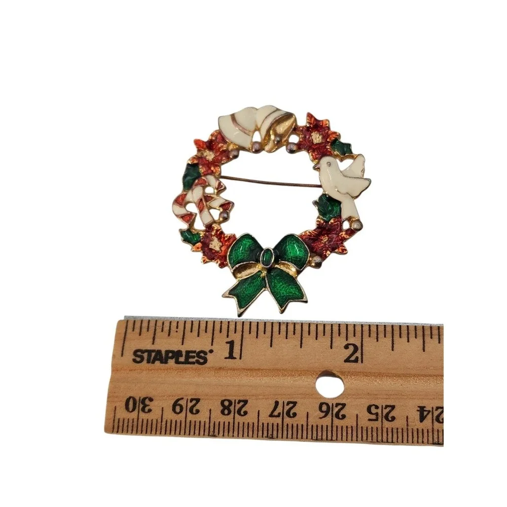 Vintage Christmas Wreath Brooch Enamel Pin Candy Canes Bow Dove Bells Poinsettia